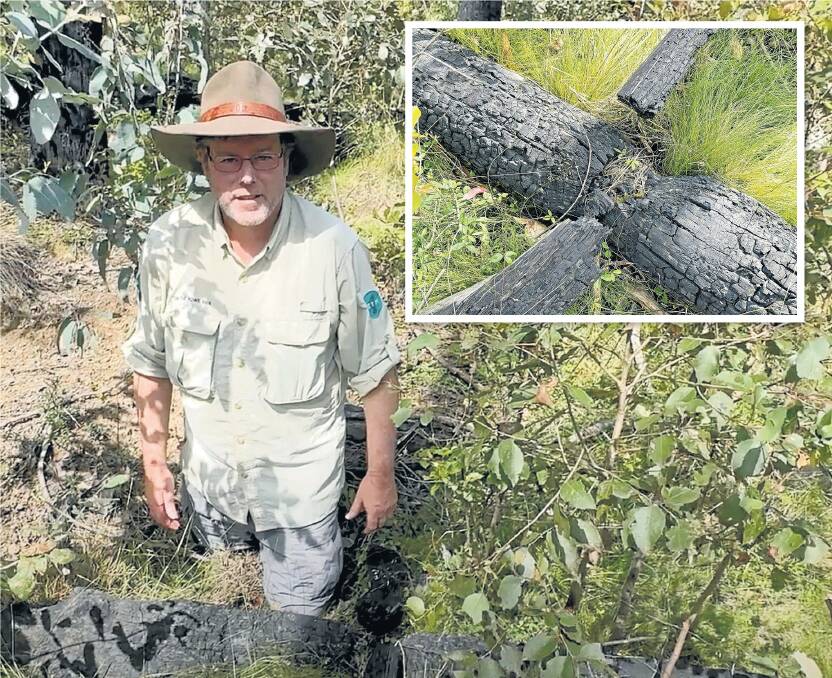 Tim discovers the remains of historic wooden fort built by the 15th Battalion of the Volunteer Defence Corps during WWII and burnt in 2020. Pictures David Hanzl, Tim the Yowie Man